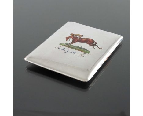 A George V silver, rose gold and enamelled cigarette case, John Collard Vickery, London 1911, plain form with painted chample