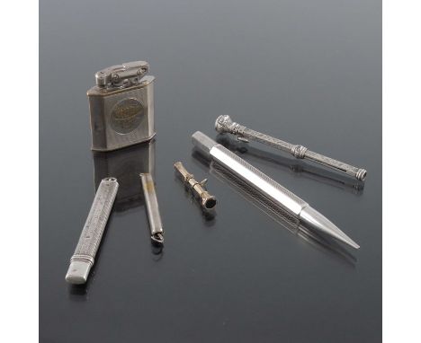 A collection of silver pencils and a yellow metal propelling pencil, Victorian and later, including bloodstone and hardstone 