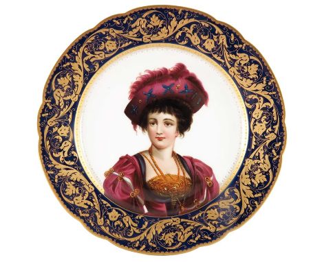 A Meissen style portrait plate, decorated with a 16th century woman with hat, within a raised gilt foliate scroll on blue gro