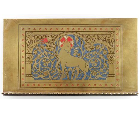 A Gothic Revival brass and enamel lectern plate, in the style of William Butterfield, champleve enamelled with the Holy Lamb 