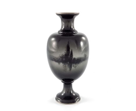 A Royal Worcester black and white vase, baluster footed form, circa 1905,  decorated with a timbered house 'Wor'shire Chimey'