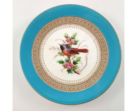John Hopewell (attributed) for Royal Worcester, a bird painted cabinet plate, within sky blue border,  1881, impressed and pr