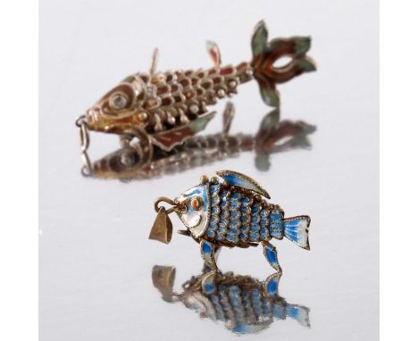 Two Chinese silver gilt and enamelled articulated fish pendants, rope work cloisonne polychrome enamel fins and scales, 5cm l