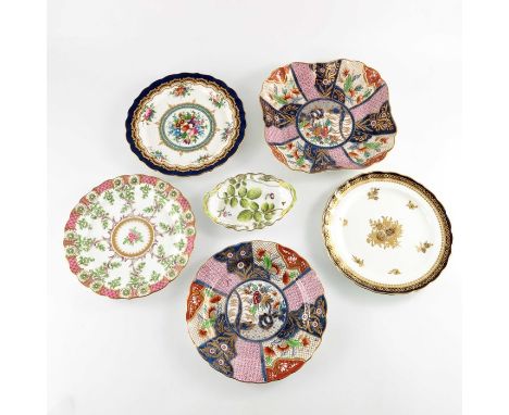 Four Royal Worcester historical design plates and two dishes, early 20th century, painted and gilded with various floral and 