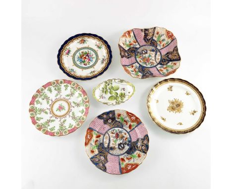 Four Royal Worcester historical design plates and two dishes, early 20th century, painted and gilded with various floral and 