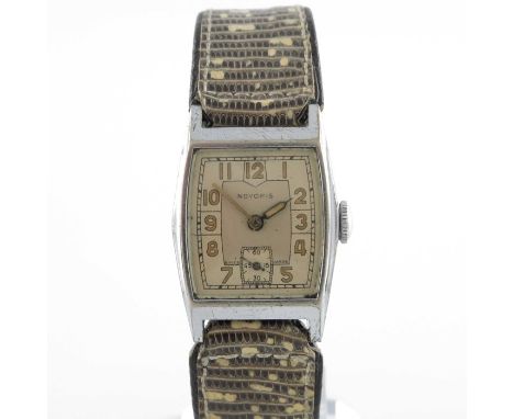 Novoris, a stainless steel wrist watch, 1930s, manual wind, shaped rectangular with subsidiary seconds dial and Arabic numera