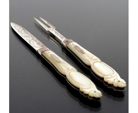 A cased pair of Victorian silver and mother of pearl handled folding fruit eaters, Martin Hall and Co. and Hillard and Thomas