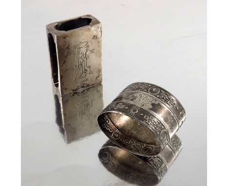 An Imperial Russian silver match box case, together with a Continental silver napkin ring, Russian import marks, the napkin r