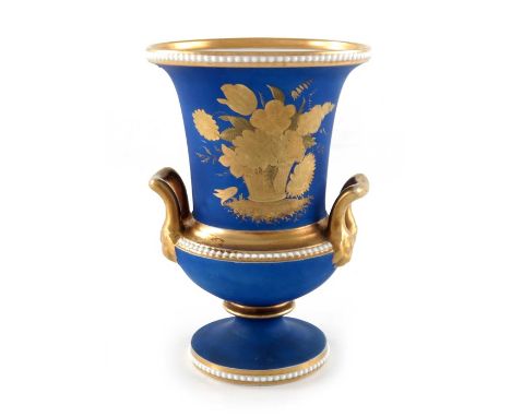 A Spode beaded and chased gold twin handled vase, Campana form, circa 1810, matte blue ground with tooled gilt basket of flow