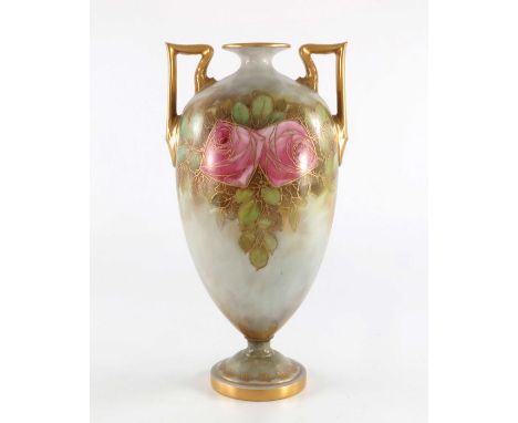 A Royal Worcester twin handed pedestal vase, 1919, shouldered form, painted with Glasgow School roses, in the Art Nouveau sty