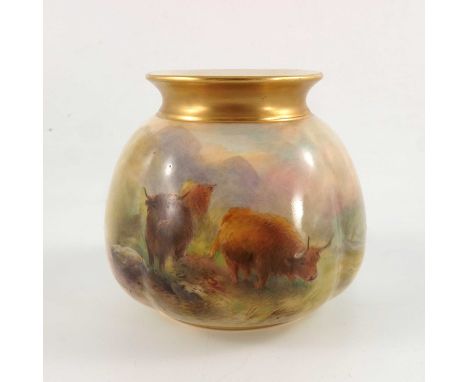 H Stinton, for Royal Worcester, a vase, circa 1939, painted with Highland cattle, signed, puce printed marks, 8cm high