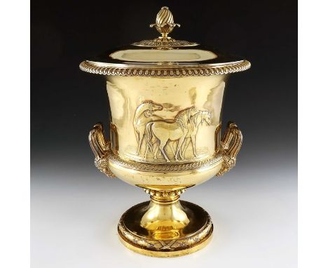 Paul Storr, a George III silver gilt wine cooler and cover, Rundell Bridge and Rundell, London 1809, twin handled Campana urn