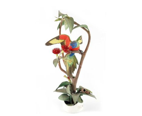James Alder for Royal Worcester, Rainbow Lorikeet on Eucalyptus, 1975, realistically modelled in bisque, 47.5cm high