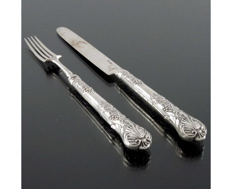 A pair of William IV silver fruit eaters, William Sansom, Sheffield circa 1835, Trailing Vine pattern, the knife and fork wit