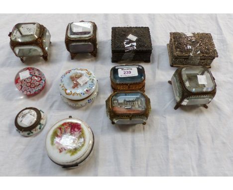 A selection of 19th century glass bijouterie/reliquary caskets; glass and china trinket boxes; etc.