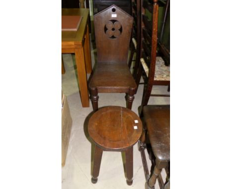 A Victorian oak hall chair and a stool; a small 3 height chest of drawers