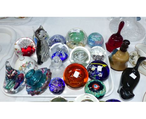 Two Caithness paperweights and other modern and novelty paperweights; bells; etc.