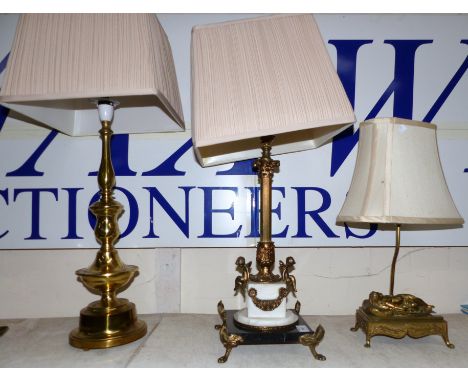 A period style gilt metal and marble table lamp and 2 others