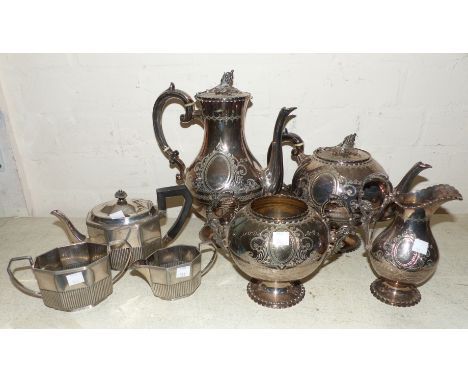 A 19th century 4 piece chased baluster tea set with cast leaf finials; a 3 piece ribbed bachelor's tea set