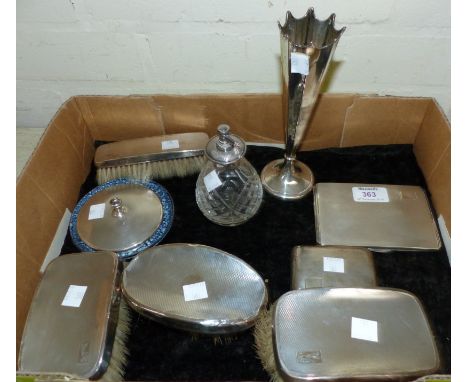 Two engine turned silver cigarette cases; a selection of engine turned brushes; a silver pedestal posy vase