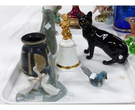 A Beswick black cat; a Nao goose group; a Royal Doulton peace bell; 2 glass animals; another; a bird; a Troika style vase