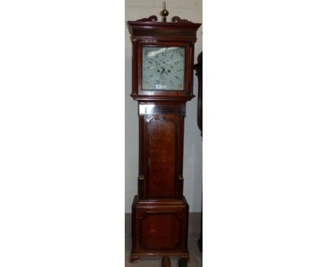 An early 19th century crossbanded oak cottage longcase clock with brass finial and fretwork crest, turned reeded side pillars