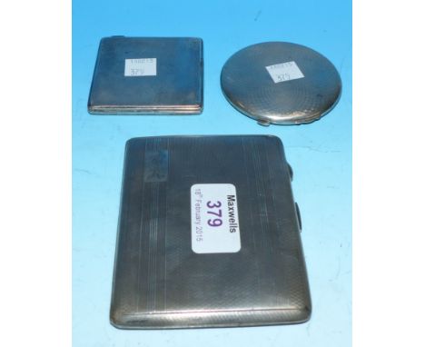 An engine turned cigarette case, Birmingham 1944, 4½ oz.; a compact, Birmingham 1944; and another