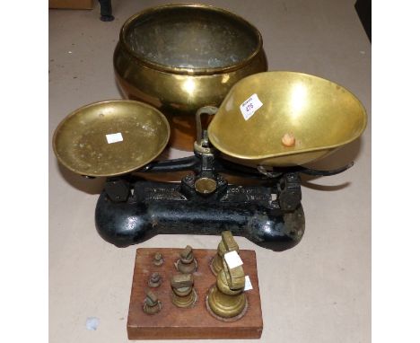 A set of Victorian style kitchen scales; a set of bell weights and metalware