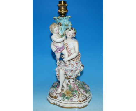 A late Meissen candelabrum base, woman with child, encrusted and decorated in polychrome, height 11½"  (converted to table la