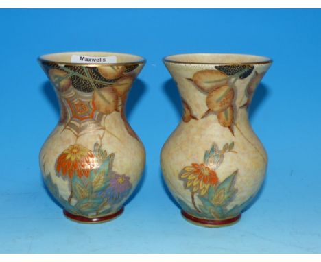 A pair of Crown Devon Cobweb pattern baluster shaped vases, 5"