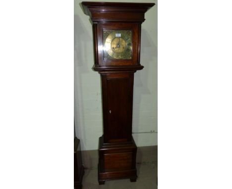 A mahogany dwarf longcase clock, the hood with moulded cornice and three quarter turned pillars, the trunk with full length d