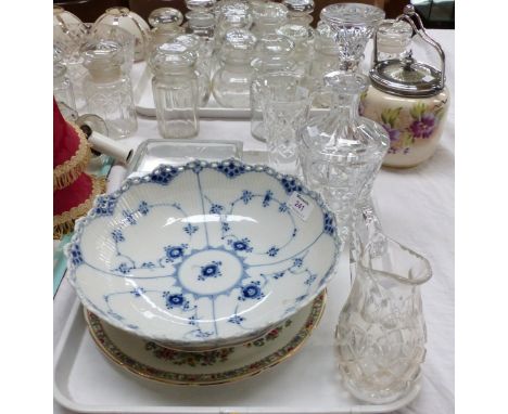 A Royal Copenhagen onion pattern dish, diameter 11"; a biscuit barrel and other decorative china and glass, including a cut d