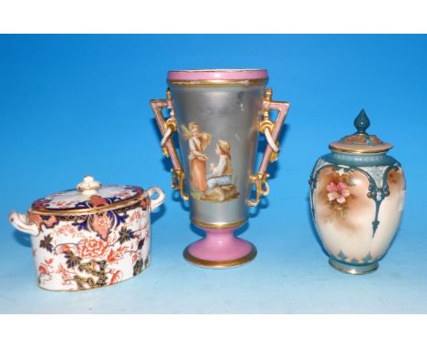 A 19th century French vase decorated with children against a silver ground; a Hadley Worcester covered vase, height 6½" (lid 