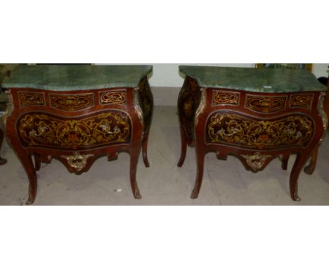 A pair of Louis XV style serpentine front bombé commode chests with green marble tops, gilt metal mounts and inlay effect, ea