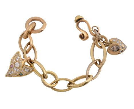 A 22 carat and 18 carat gold diamond and gem set charm bracelet by Tom McEwan  A 22 carat and 18 carat gold diamond and gem s