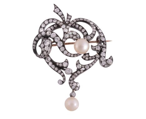 A late 19th century natural pearl and diamond brooch , circa 1880  A late 19th century natural pearl and diamond brooch  , ci