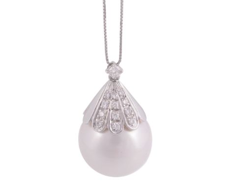 A South Sea cultured pearl pendant, the 17mm South Sea cultured pearl with a...  A South Sea cultured pearl pendant,   the 17