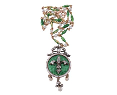 A late Victorian diamond and pearl enamelled pendant on chain, circa 1900  A late Victorian diamond and pearl enamelled penda