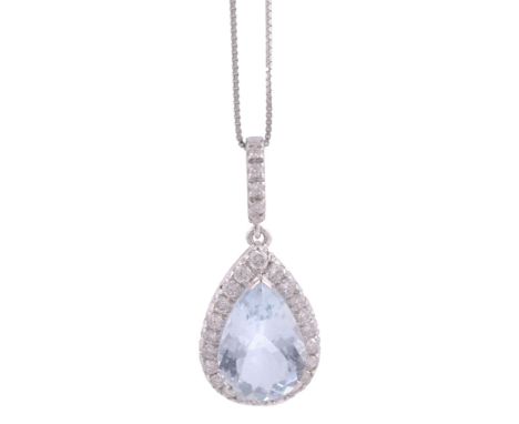 An aquamarine and diamond pendant, the pear shaped aquamarine claw set...  An aquamarine and diamond pendant,   the pear shap