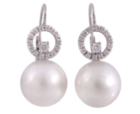 A pair of South Sea cultured pearl and diamond earrings  A pair of South Sea cultured pearl and diamond earrings,   the 13mm 