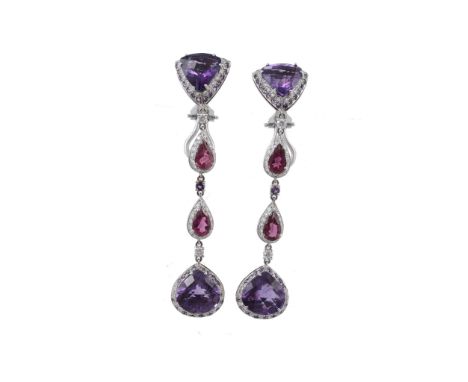 A pair of amethyst and pink tourmaline ear pendents  A pair of amethyst and pink tourmaline ear pendents,   the fancy cut ame