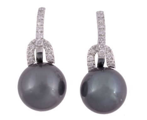 A pair of Tahitian South Sea cultured pearl earrings, the 12  A pair of Tahitian South Sea cultured pearl earrings,   the 12.