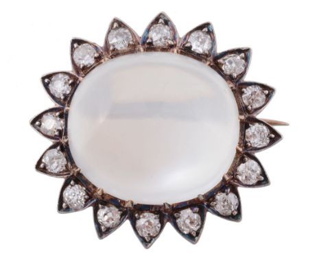 A Victorian moonstone and diamond brooch, circa 1890  A Victorian moonstone and diamond brooch,   circa 1890, the oval caboch
