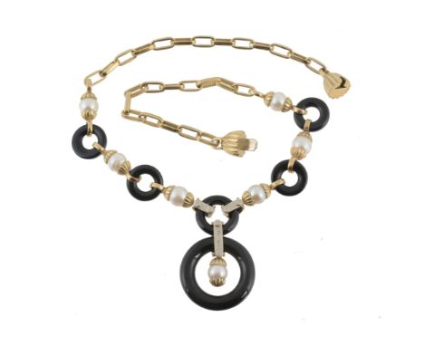 An onyx, cultured pearl and diamond necklace by Graff  An onyx, cultured pearl and diamond necklace by Graff,   composed of c