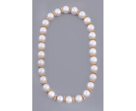 A South Sea cultured pearl and diamond necklace  A South Sea cultured pearl and diamond necklace,   composed of twenty eight 