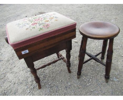Victorian rectangular piano stool, with adjustable needlework top on turned supports with similar stretchers W45 D36cm H56cm 