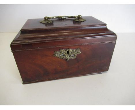 Early 19th C Mahogany rectangular tea caddy with hinged lift up top and sectional interior 23cmx14cmx14cm 