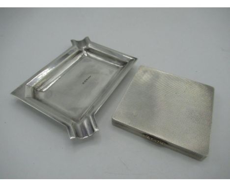 Geo.V silver hallmarked rectangular ashtray, London 1934 by Toye &amp; Co, L12cm and a ER.II silver hallmarked engine turned 