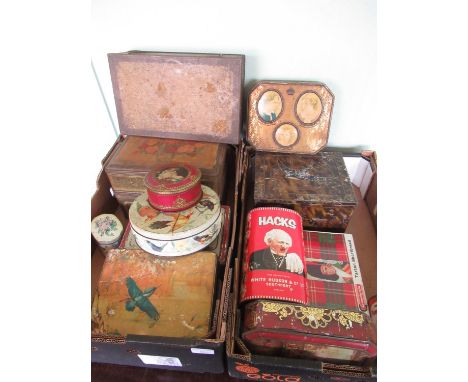 Collection of vintage tin boxes including biscuit and sweet boxes
