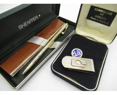 12k gold plated Sheaffer ball point pen with scroll decoration, stamped 12k GF Sheaffer, a 1970's Commodore of London silver 
